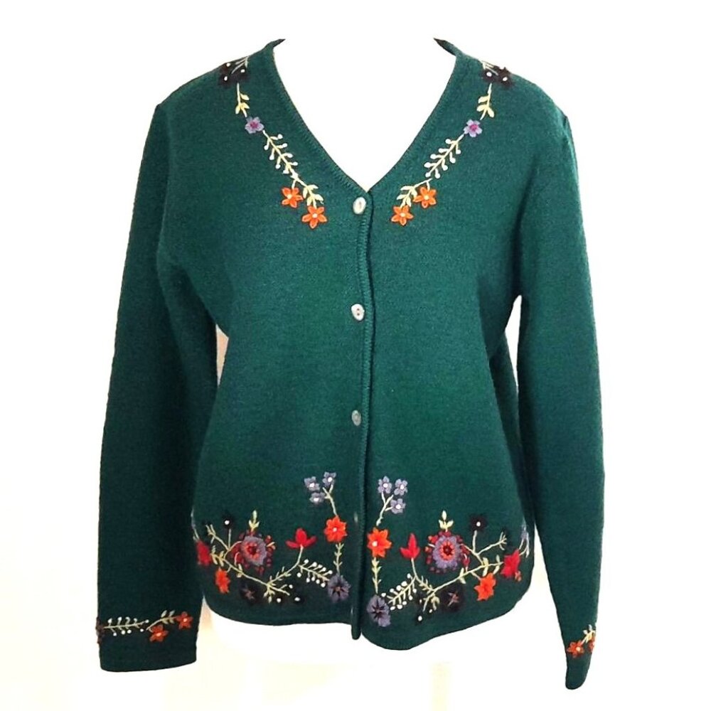 Wool Embroidered Cardigan Womens Medium Cottagecore Prairie Sweater Buttons